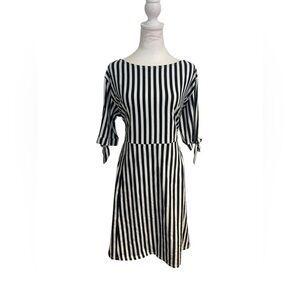 ASOS Size 16 Navy Blue & White Striped Dress Bow Sleeve Mid-Length Casual